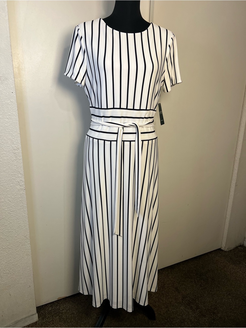 Ralph Lauren White Maxi Dress with Black Vertical Stripes and Waist Tie - Picture 2 of 8